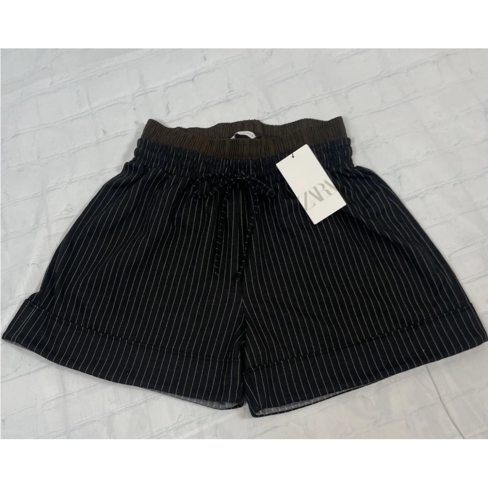 Zara PINSTRIPE BOXER SHORTS Woman’s Size M NEW Black Brown Pockets Elastic Waist - Picture 4 of 15